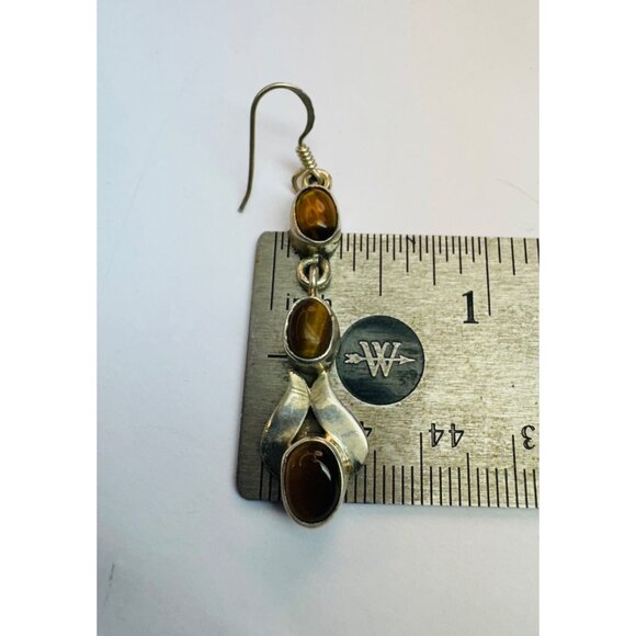 925 Sterling Silver Drop Dangle Earrings with Tiger's Eye Gemstones, Hook Back - Picture 10 of 11